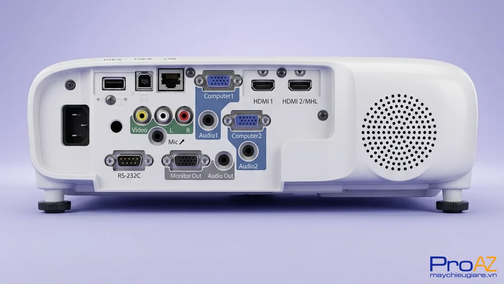 Cổng mạng Wired Network và kết nối không dây tùy chọn trên Epson EB 2042 cho phép quản lý trình chiếu linh hoạt.