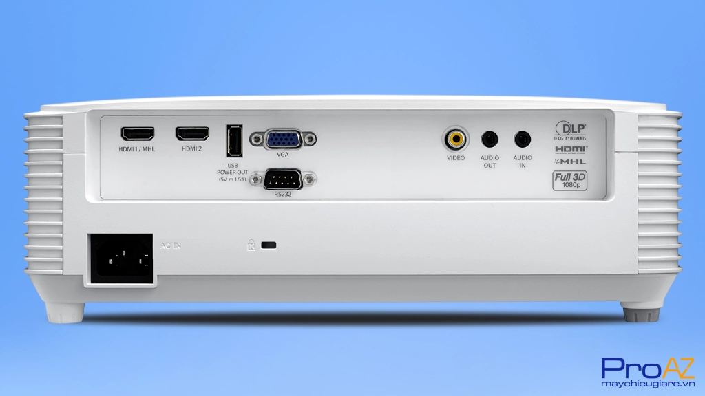 Chi tiết mặt sau Optoma EH336 với các cổng HDMI hỗ trợ MHL, VGA và USB Power cho phép kết nối đa thiết bị linh hoạt.