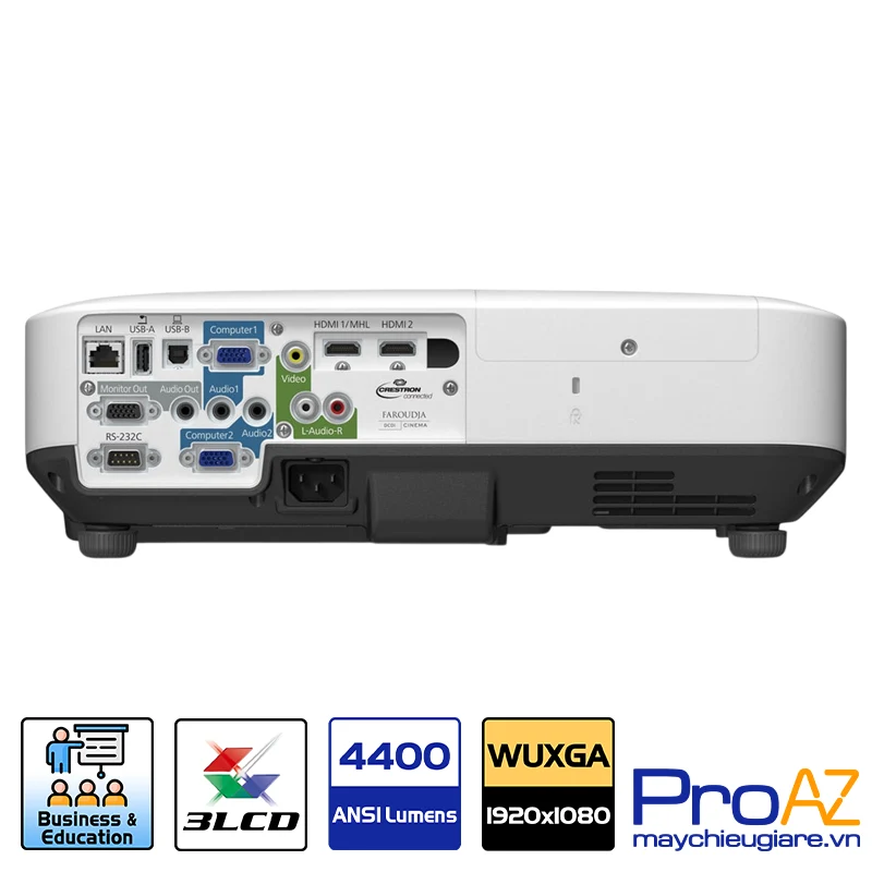 Hệ thống cổng kết nối trên Epson EB-1980WU Các cổng HDMI, VGA và LAN trên máy chiếu Epson EB-1980WU.