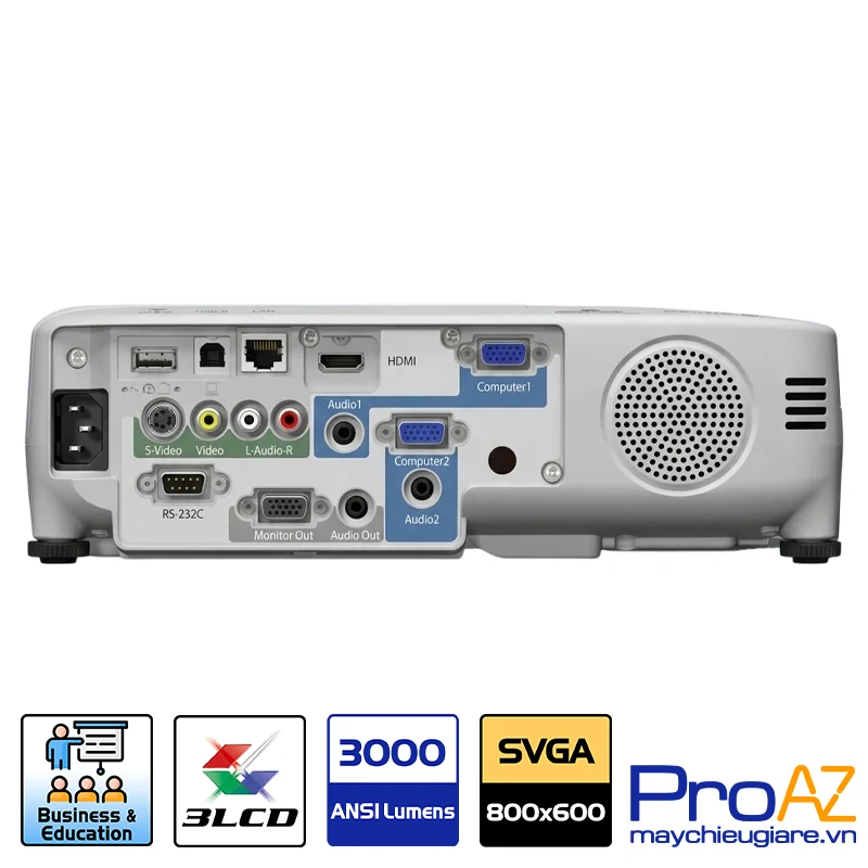 Hệ thống cổng kết nối đa dạng và linh hoạt trên máy chiếu Epson EB-S29 Các cổng kết nối HDMI, VGA, USB và RCA trên máy chiếu Epson EB-S29.
