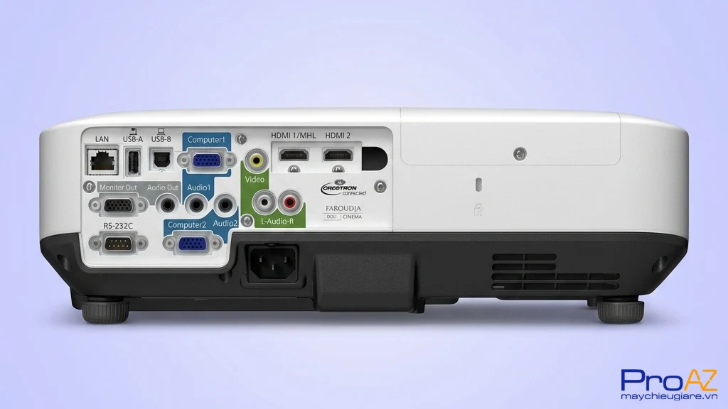 Các cổng kết nối HDMI, VGA và LAN trên máy chiếu Epson EB-1975W.