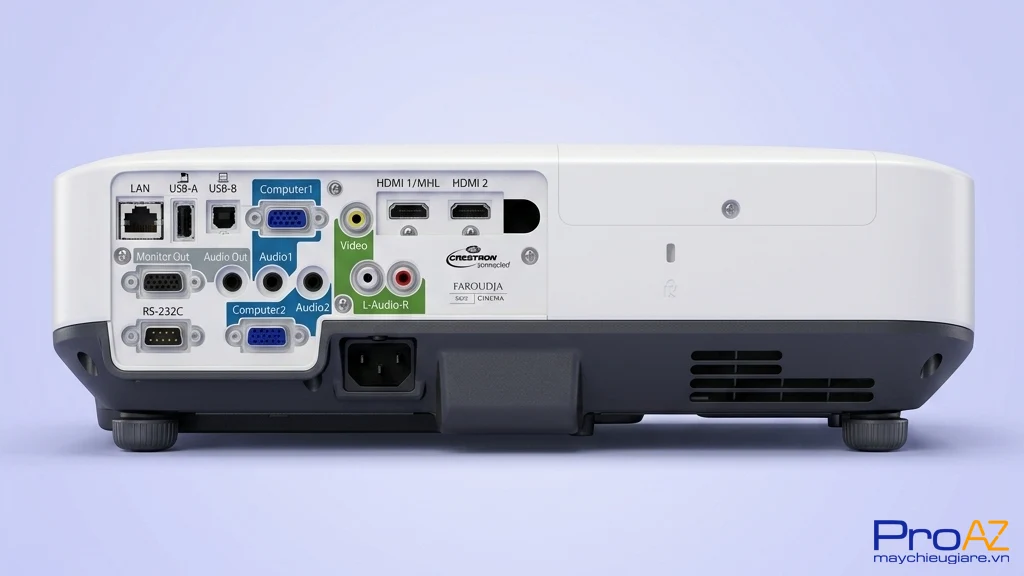 Epson EB-1985WU trang bị cổng RJ45 và USB giúp quản lý mạng và trình chiếu trực tiếp từ bộ nhớ ngoài.