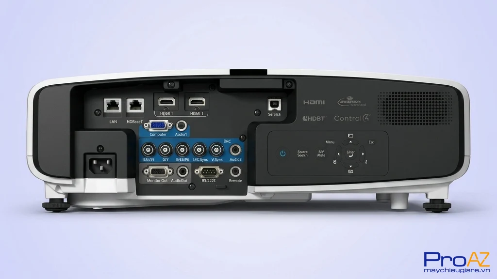 Cổng Ethernet và RS 232C trên Epson EB-4750W hỗ trợ quản lý hệ thống trình chiếu từ xa.