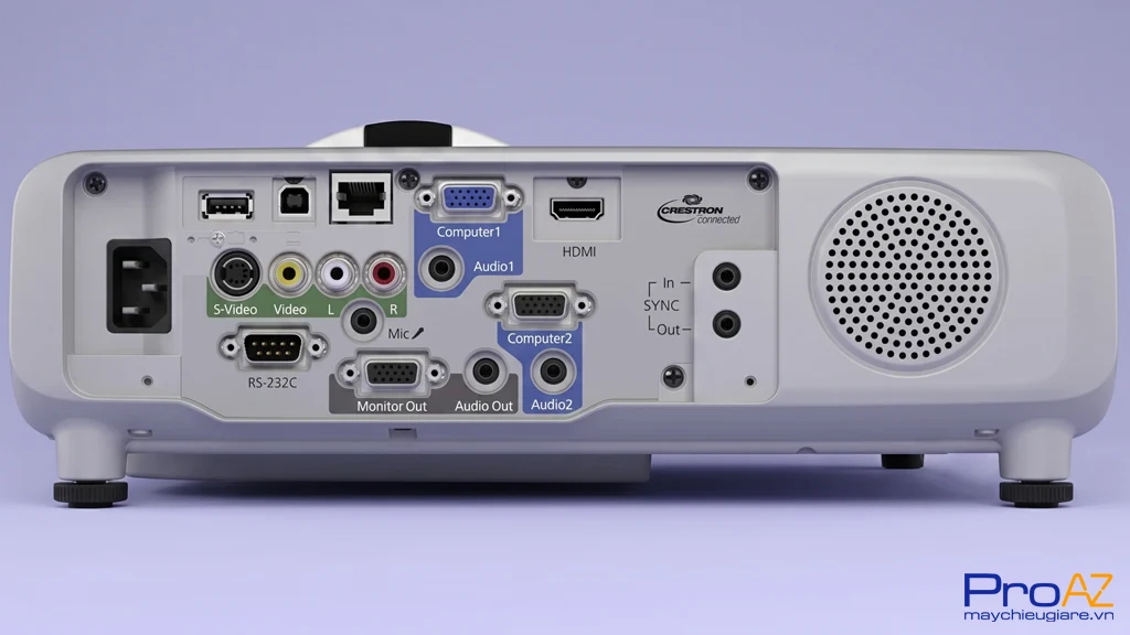 Các cổng HDMI, VGA, Component và S-Video trên Epson EB-536Wi hỗ trợ truyền tải tín hiệu video độ nét cao từ máy tính, laptop và các thiết bị phát hình ảnh đa dạng.