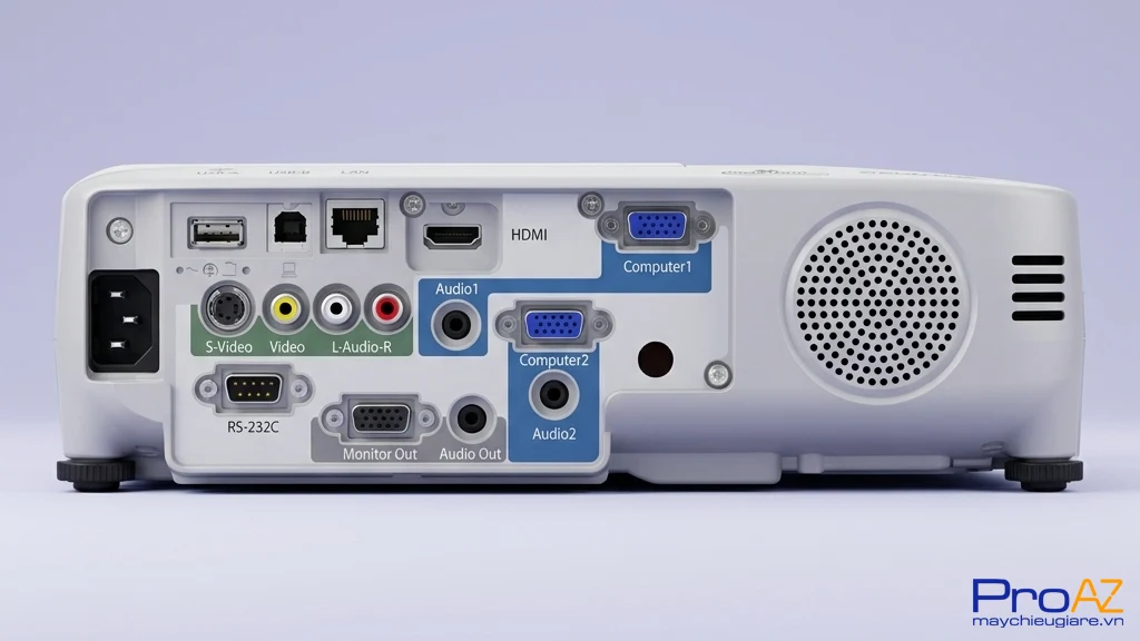 Epson EB-965 tích hợp cổng RS 232C và hỗ trợ Wireless LAN tùy chọn giúp quản lý hệ thống trình chiếu từ xa.