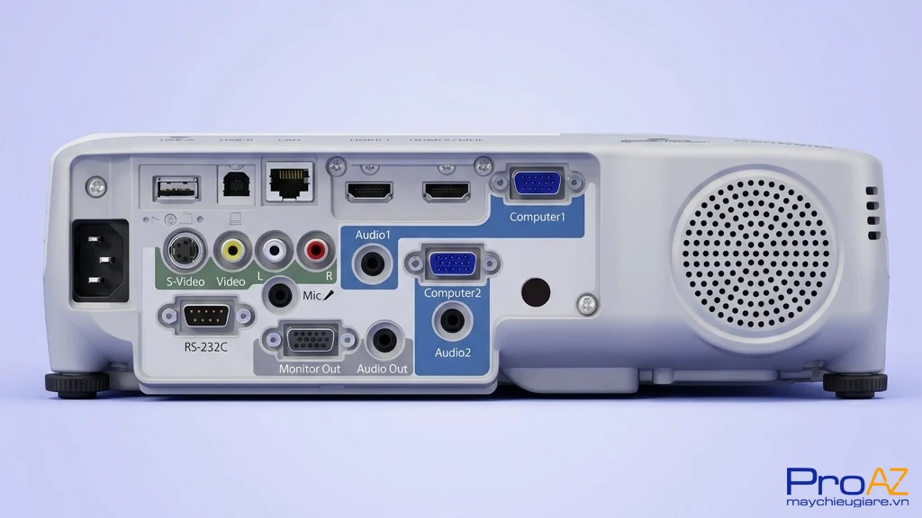 Epson EB-98H tích hợp cổng mạng LAN và đầu vào micro phục vụ thuyết trình chuyên nghiệp.