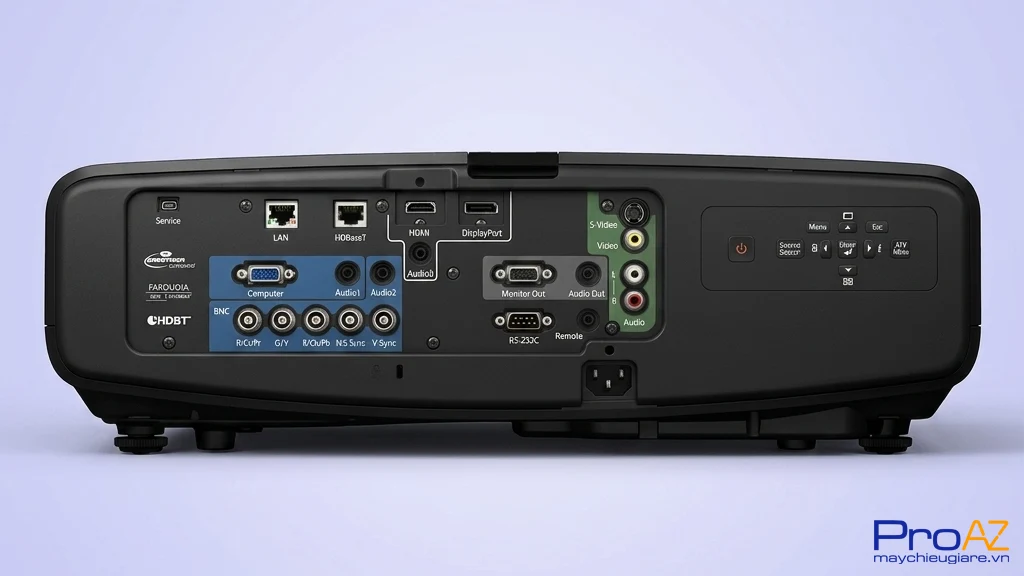Cổng RS 232C và Ethernet trên Epson EB-G6800 tích hợp hệ thống điều khiển quản lý từ xa.