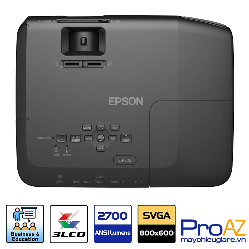 Epson EB S03 Giải pháp trình chiếu cho lớp học văn phòng Epson EB S03 với độ tương phản 10000 1 tái hiện màu sắc trung thực sống động cho mọi bài thuyết trình.