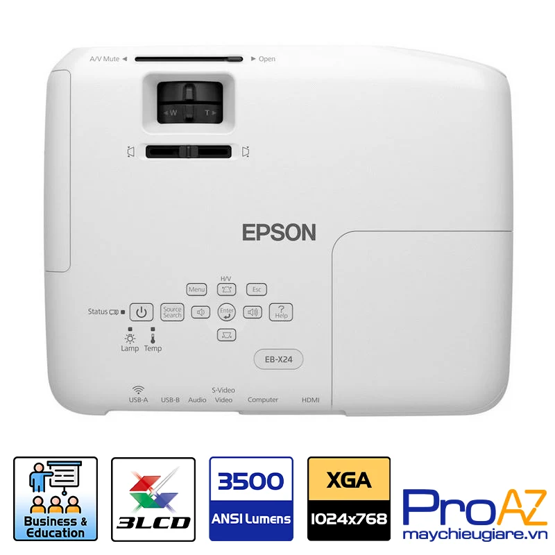 Epson EB-X24 Máy chiếu giáo dục văn phòng hiệu năng cao Máy chiếu Epson EB-X24 độ sáng 3500 ANSI Lumens công nghệ 3LCD cho hình ảnh tươi sáng trong phòng học họp.