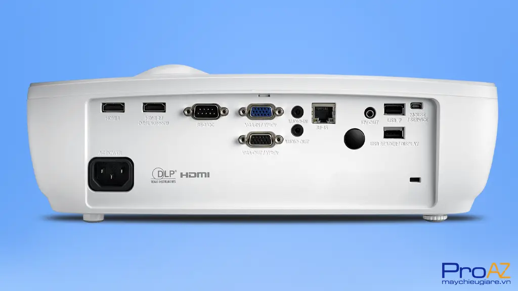 Mặt sau Optoma EH460ST trang bị 2 cổng HDMI, cổng LAN RJ45 và khe cắm USB cho phép trình chiếu không cần máy tính.