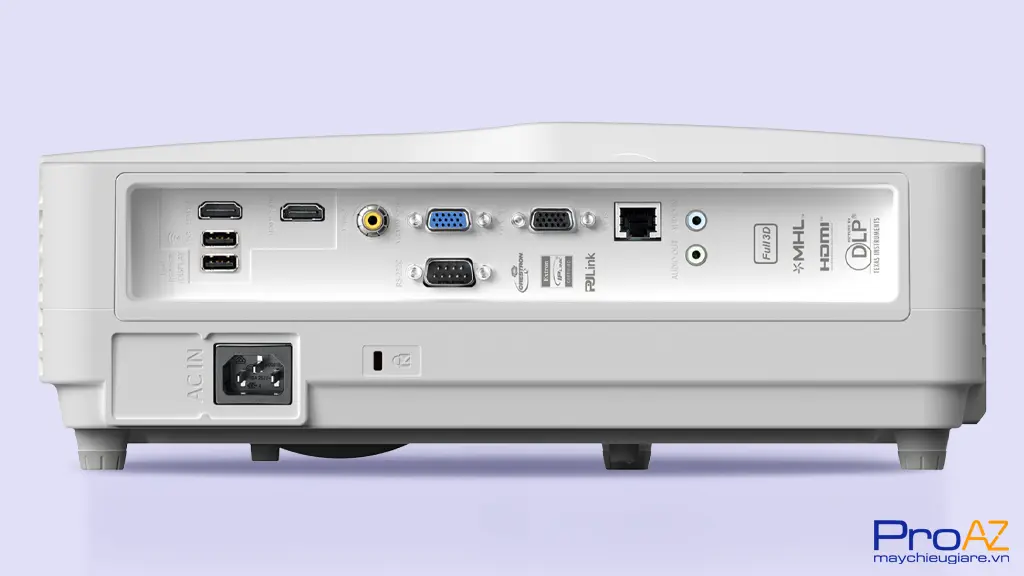 Optoma X330UST trang bị cổng HDMI, VGA In/Out, Composite Video và cổng âm thanh cho hệ thống giáo dục.
