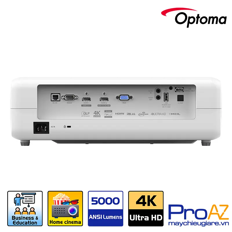 Cổng HDMI hỗ trợ MHL và cổng nhận tín hiệu Blu-ray 3D Optoma 4K550 Mặt sau máy chiếu Optoma 4K550 tích hợp hệ thống cổng HDMI hỗ trợ chuẩn MHL xuất hình từ smartphone và hỗ trợ đọc mọi định dạng Blu-ray 3D.