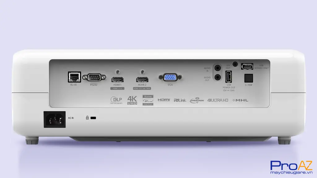 Optoma 4K550 trang bị 2 cổng HDMI (HDCP 2.2), cổng LAN RJ45, VGA In/Out và cổng 12V Trigger cho hệ thống điều khiển.