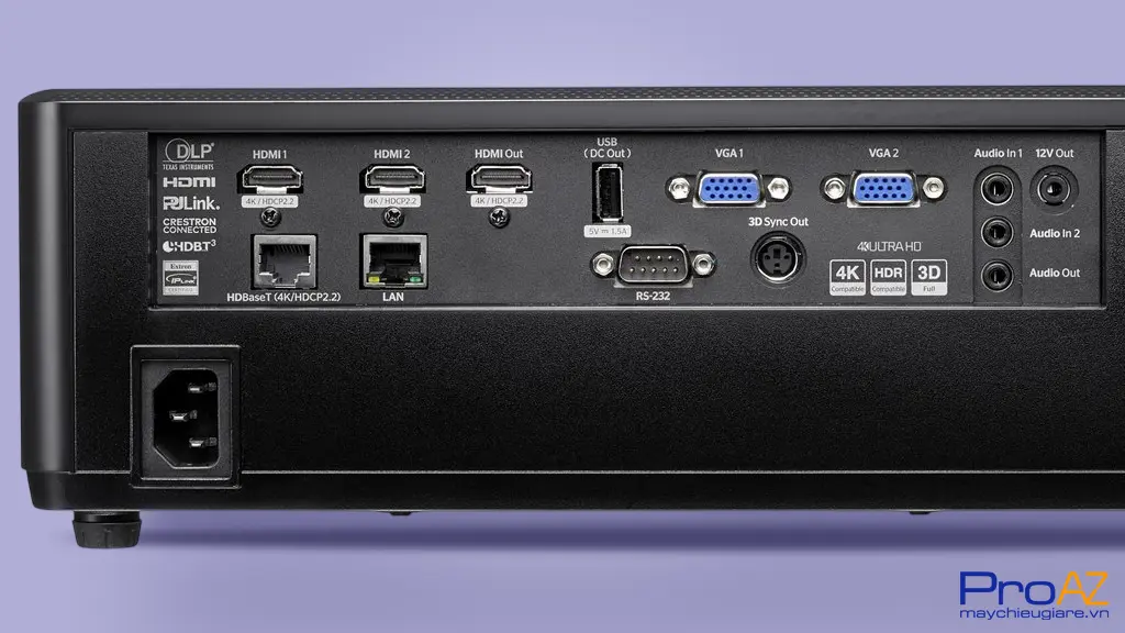 Optoma ZK608TST trang bị HDMI 2.0 in x2, VGA x2, Audio 3.5mm in, USB-A 1.5A Power, HDBaseT 4K, HDMI 2.0 out, Audio 3.5mm out và 3D sync