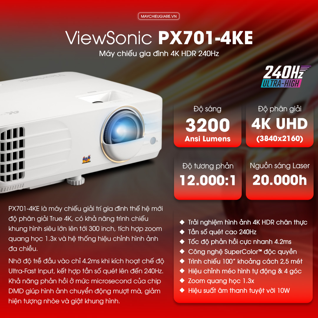 ViewSonic PX701-4KE Máy chiếu gia đình 4K HDR 240Hz