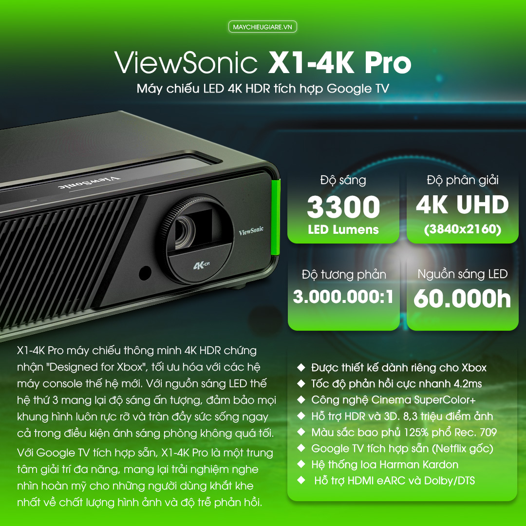 ViewSonic X1-4K Pro Máy chiếu LED 4K HDR tích hợp Google TV