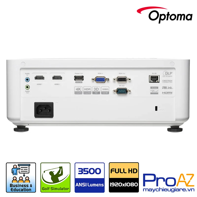 Optoma LH351 trang bị cổng kết nối đa dạng Optoma LH351 trang bị DMI VGA LAN và RS232 tương thích với mọi thiết bị trình chiếu hiện đại.